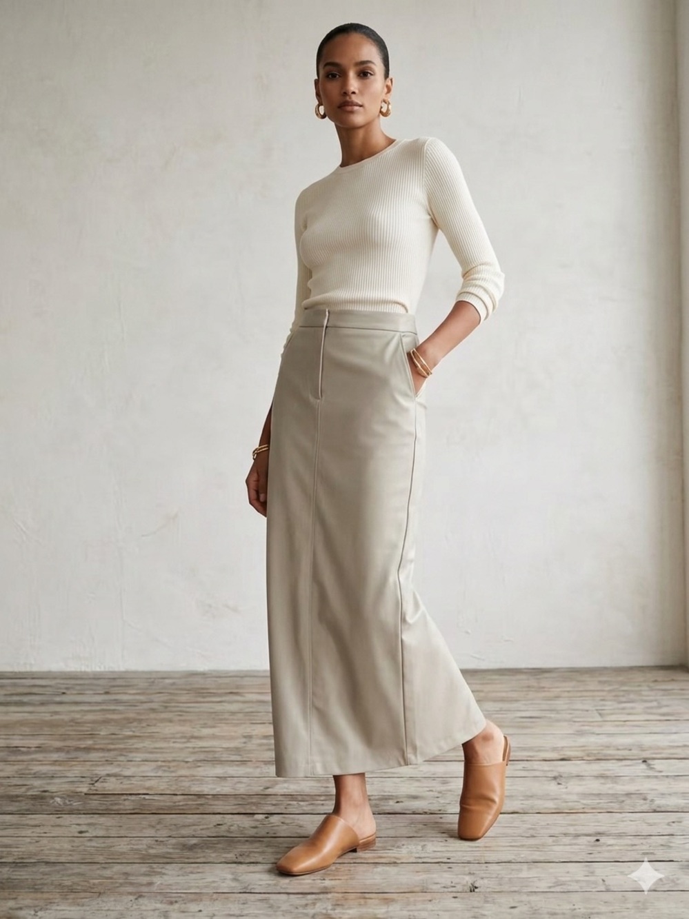 NEW ZARA beige Faux Leather Maxi Skirt Column Size XS women Casual Back Slit AB4